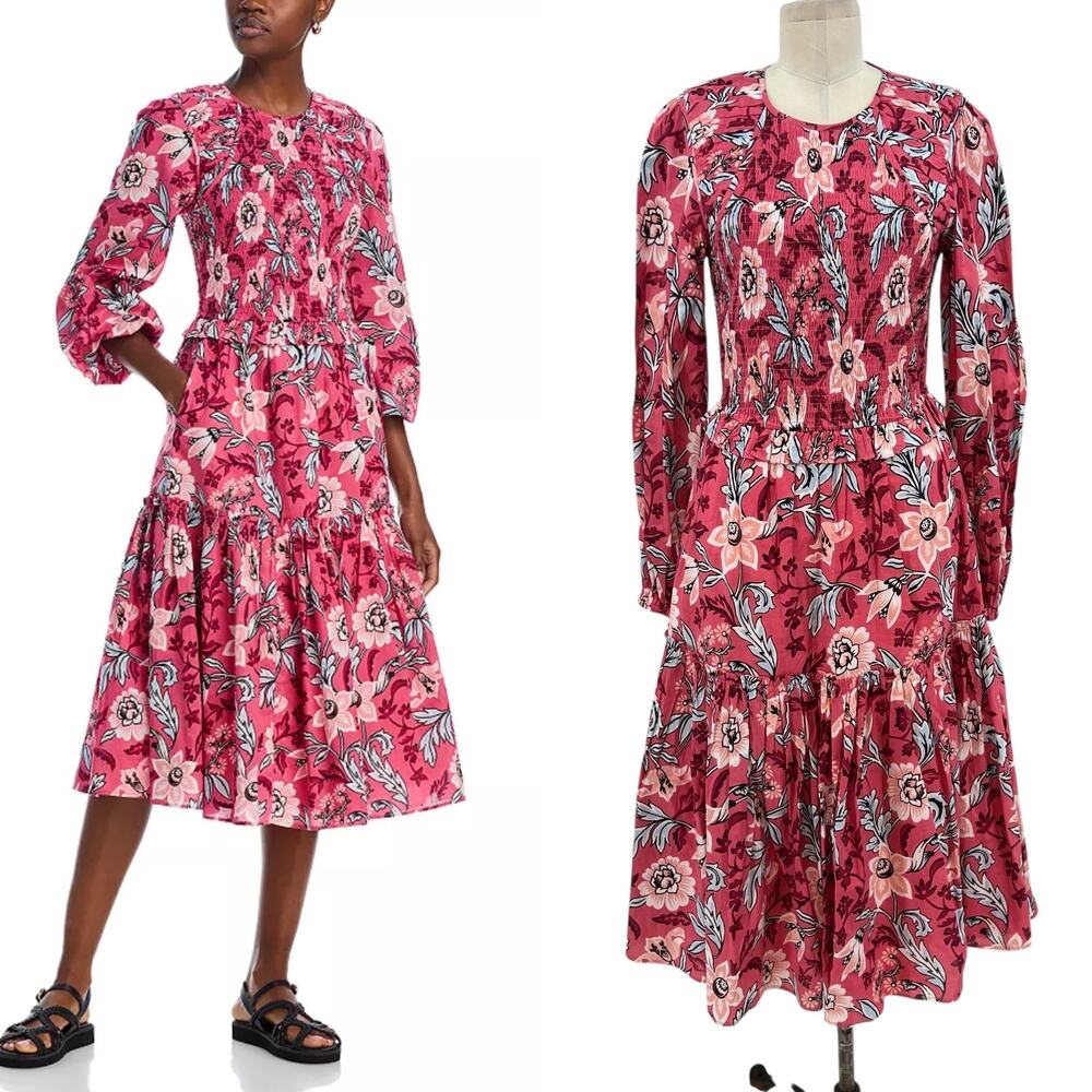 Banjanan Mortiz Dress Midi Smocked Floral Print Cotton Pink‎ Size Small
